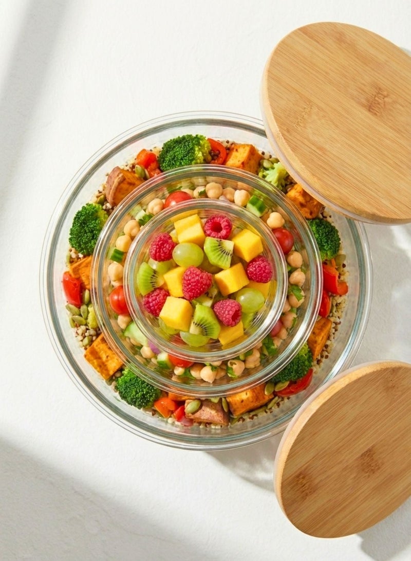1Chase Borosilicate Round Glass Food Storage Containers with Bamboo Lids, 3 Sizes 400ML 650ML 1000ML, Airtight BPA-Free Meal Prep & Lunch Boxes, Reusable Plastic-Free Containers - Image 4